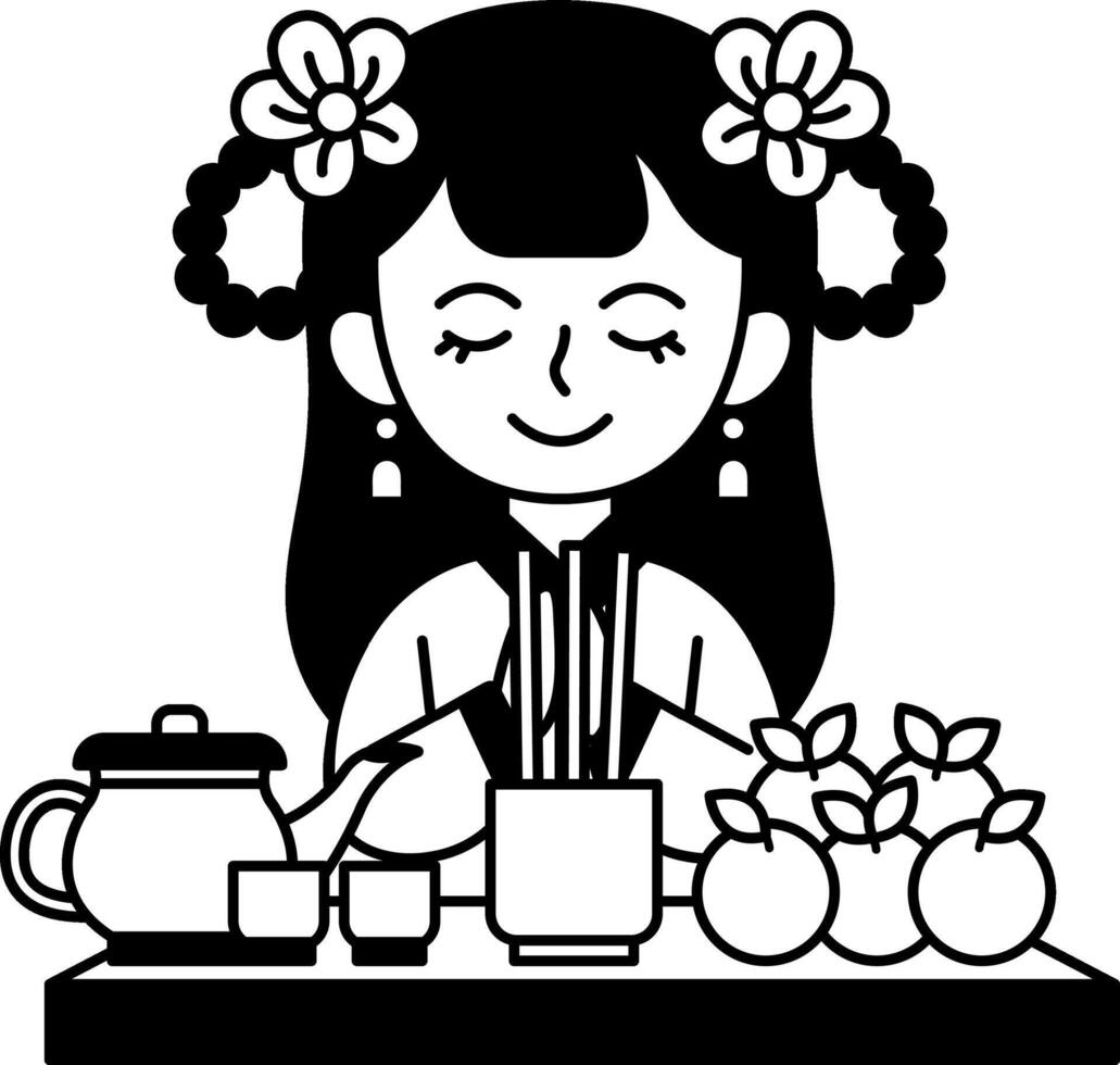 black and white illustration of chinese woman worshiping ancestors vector