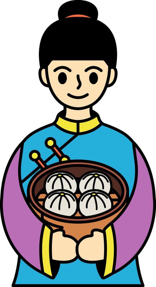 Chinese woman in cheongsam holding a steamer basket of steamed buns vector