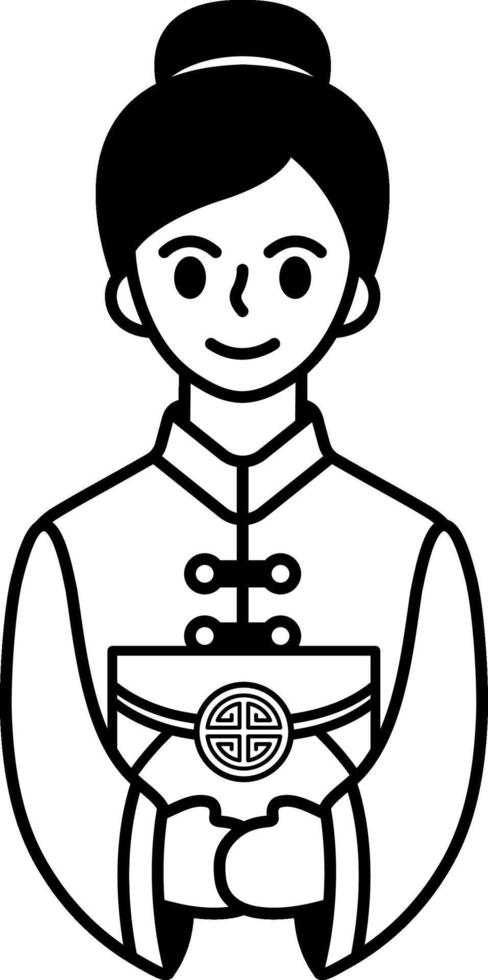 black and white illustration of a chinese woman wearing cheongsam holding red envelopes vector