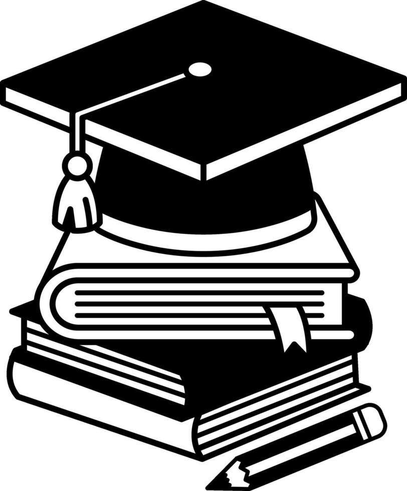 isolate black and white illustration of a stack of books with a graduation cap on top vector