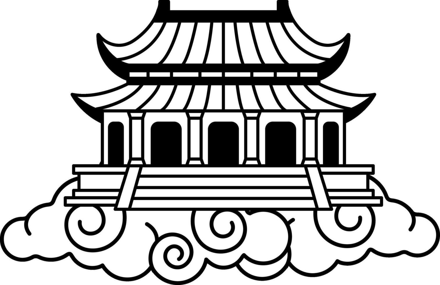 black and white illustration of a chinese palace on the cloud floating in the sky vector