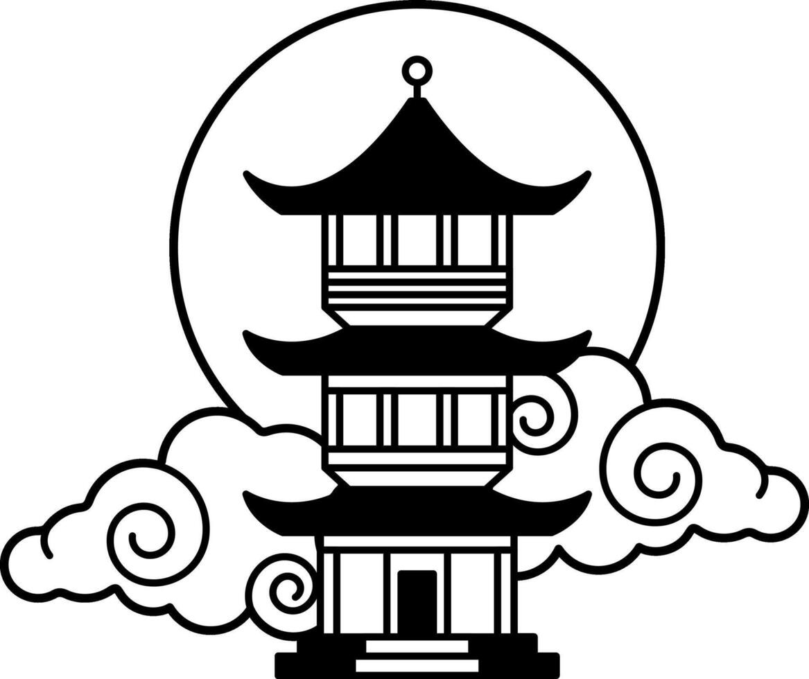 black and white illustration of a chinese pagoda and the sun vector