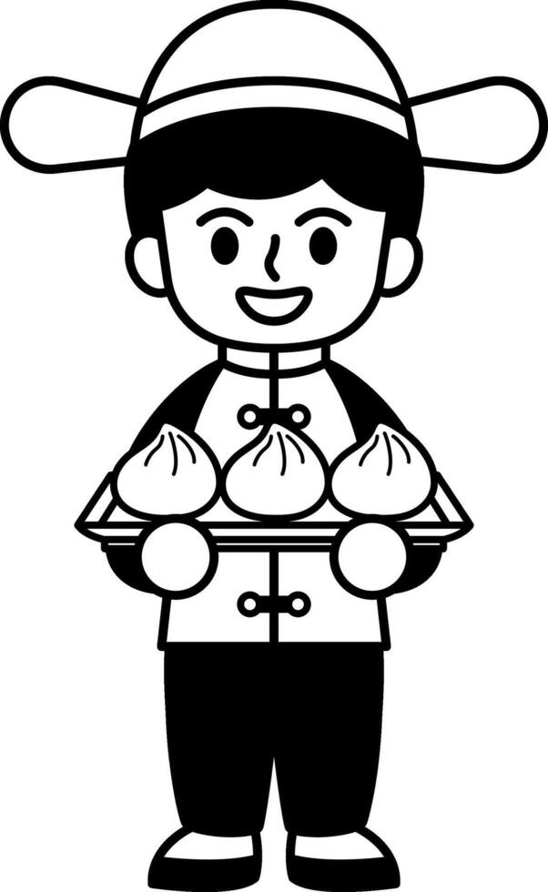 black and white illustration of a chinese boy in traditional clothing holding a steamed buns vector