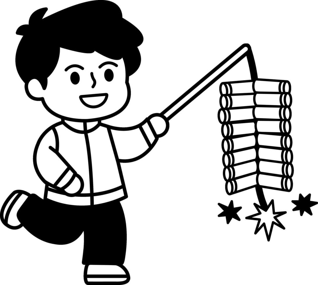 black and white illustration of a Chinese boy holding Chinese firecrackers vector
