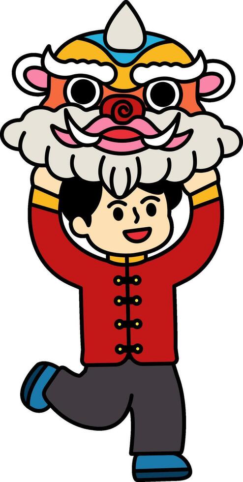 illustration of chinese boy showing lion dance vector