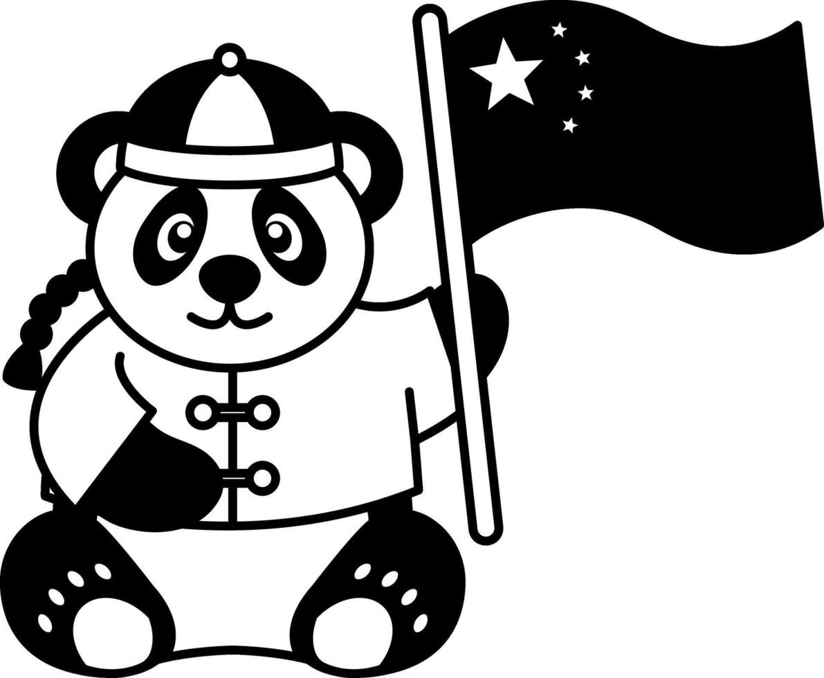 black and white illustration of a panda in traditional clothes holding a chinese flag vector
