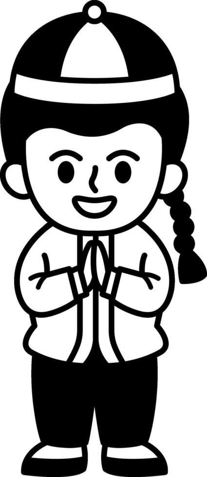 black and white illustration of a chinese boy in traditional chinese clothing bowing vector