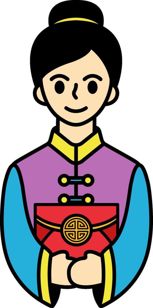 Chinese woman wearing cheongsam holding red envelopes vector