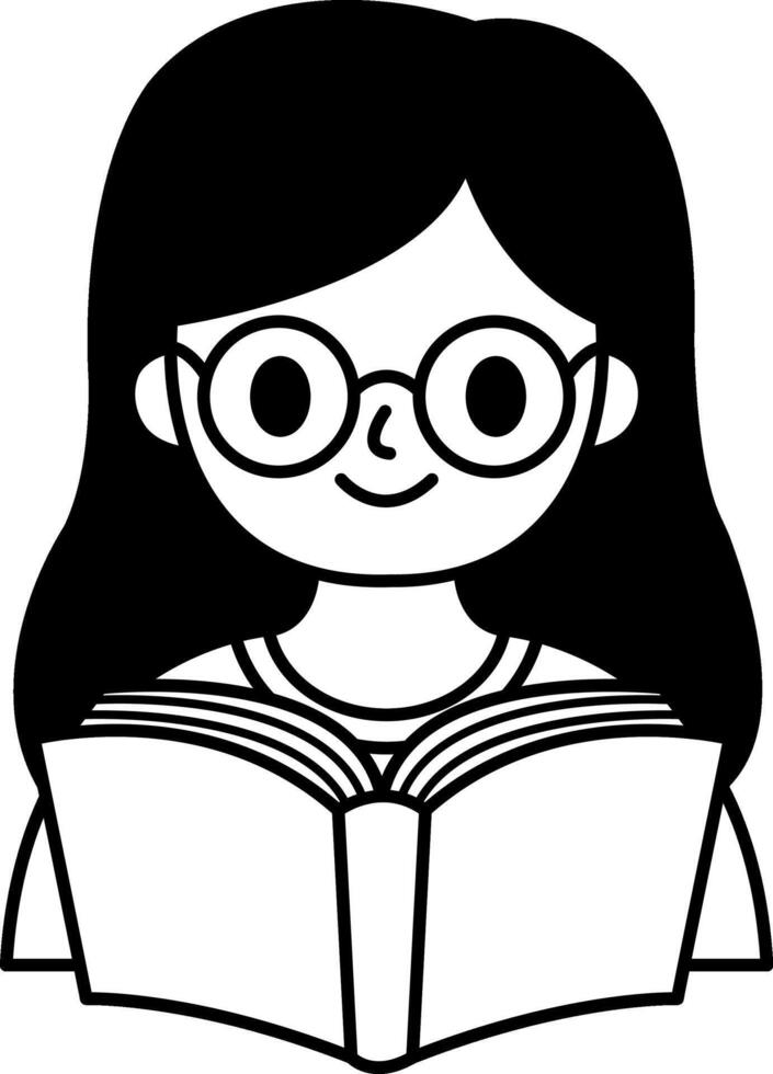 black and white illustration of a girl reading a book vector