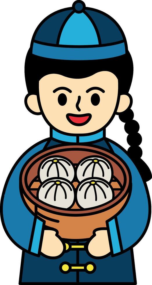 A boy holding a steamed bun basket vector