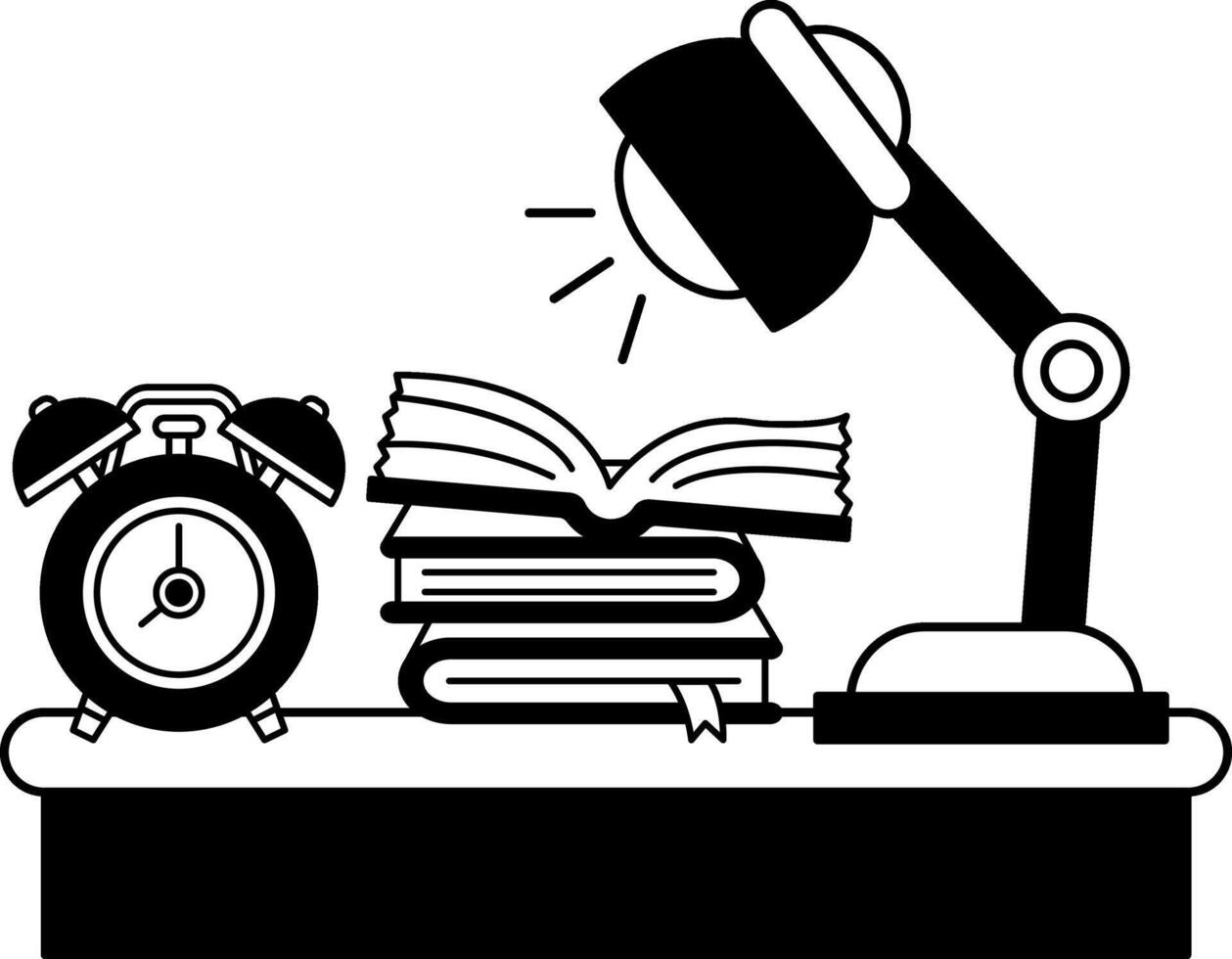black and white illustration of a desk with a clock a lamp and a stack of books vector