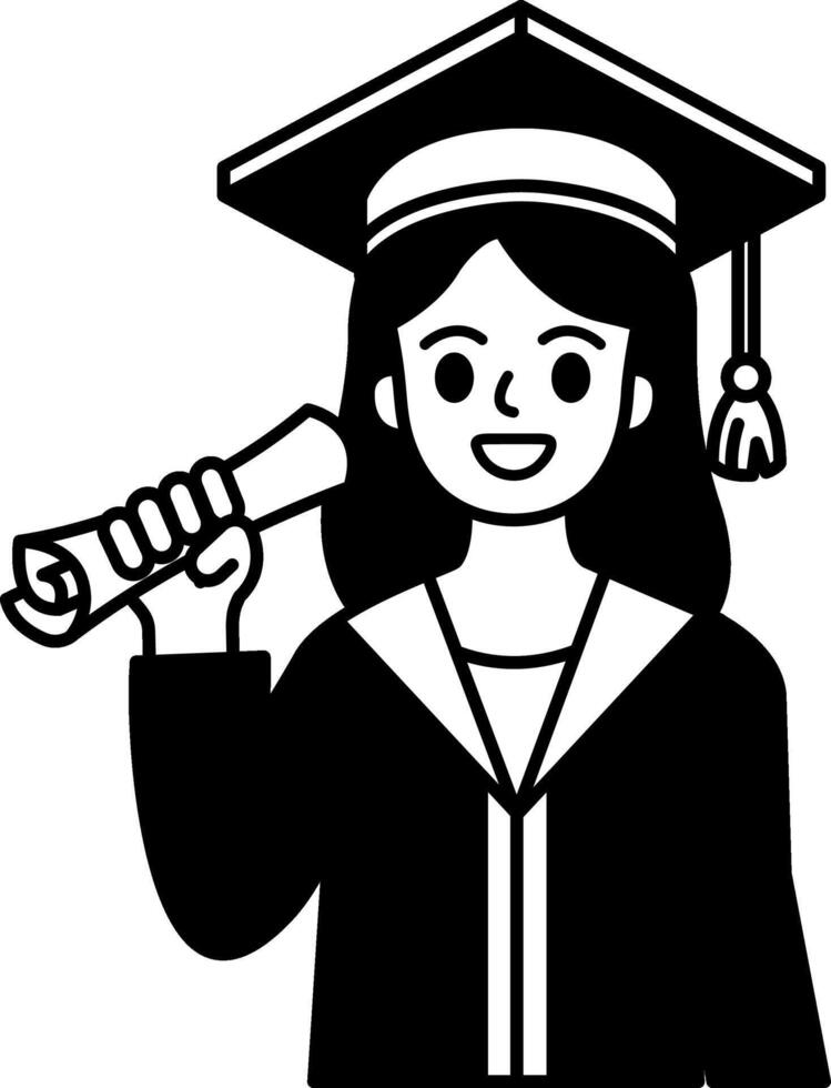 black and white illustration of a woman in a graduation gown holding a diploma vector