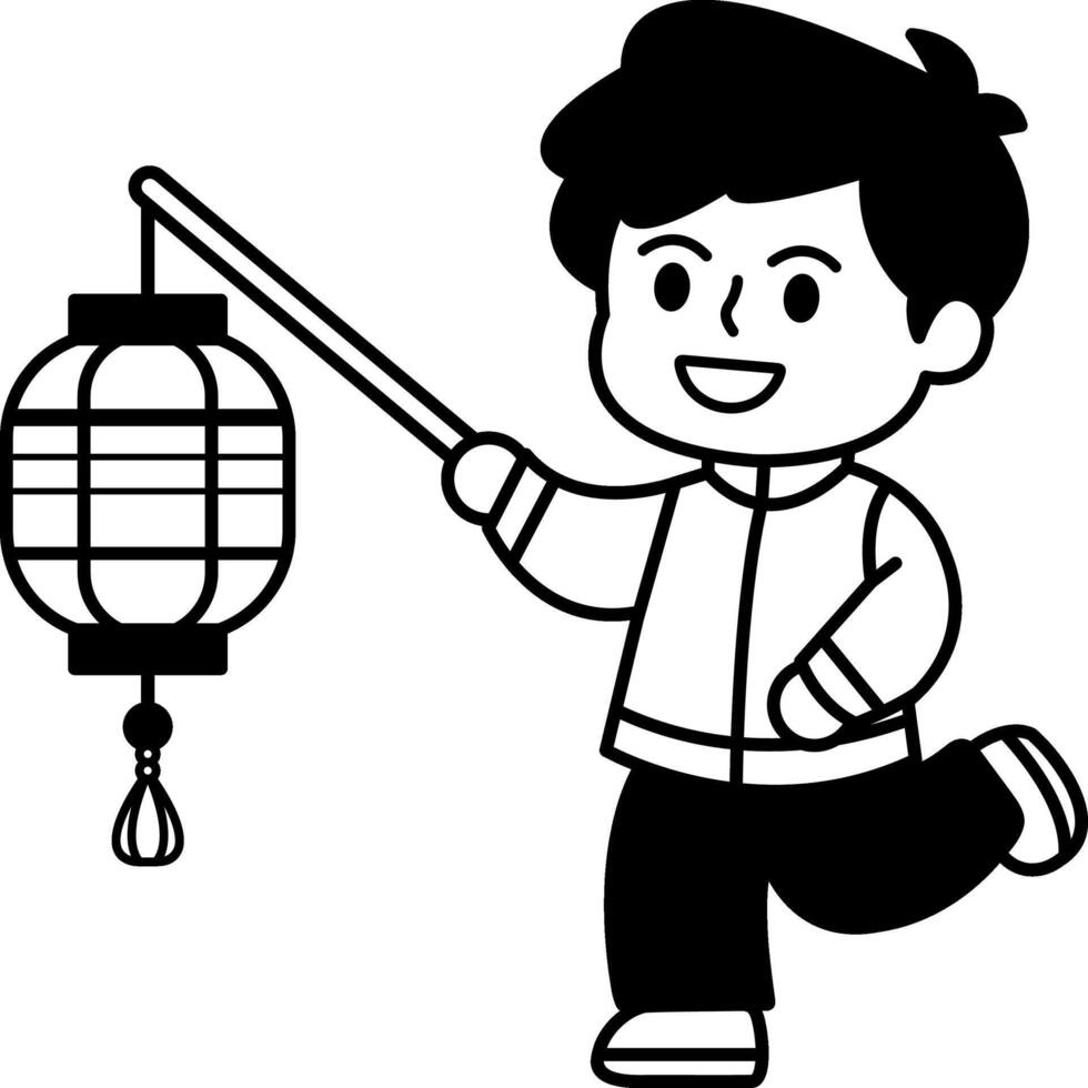 black and white illustration of boy holding a chinese lantern vector