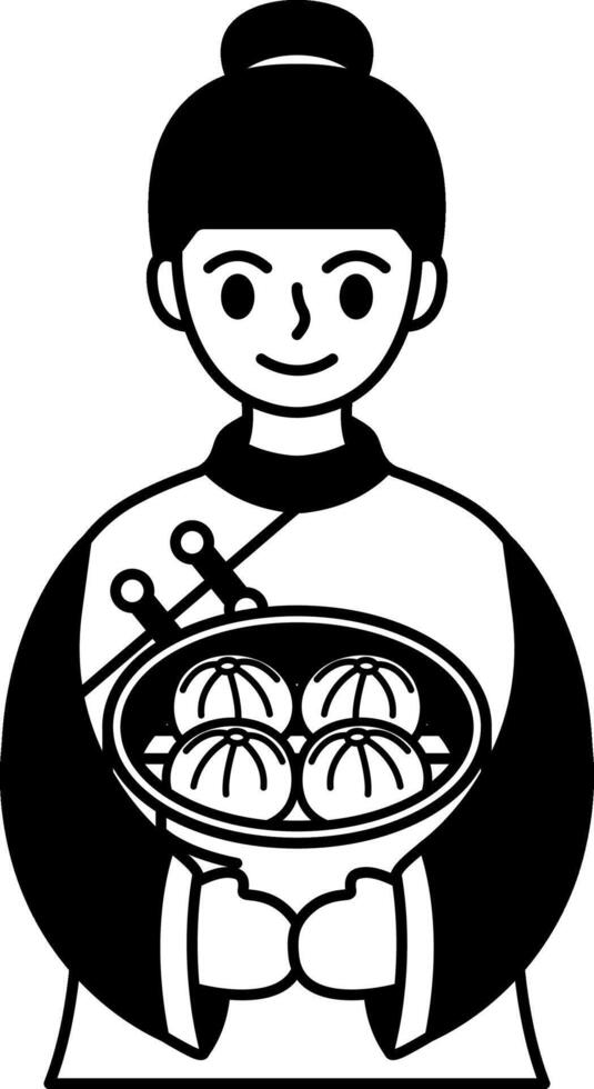 black and white illustration of a chinese woman in cheongsam holding a steamer basket of steamed buns vector