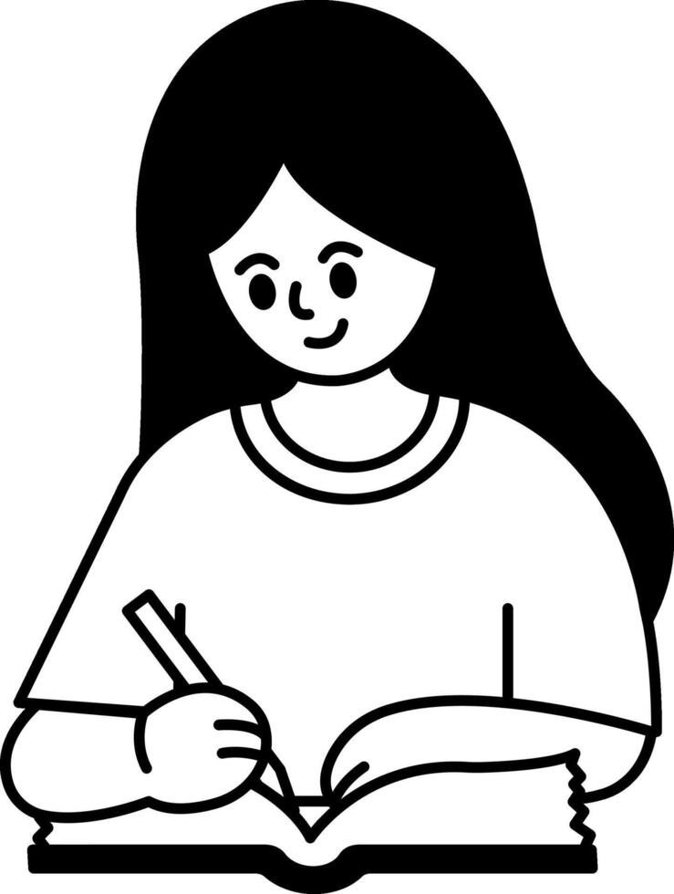 black and white illustration of a girl writing in a notebook vector