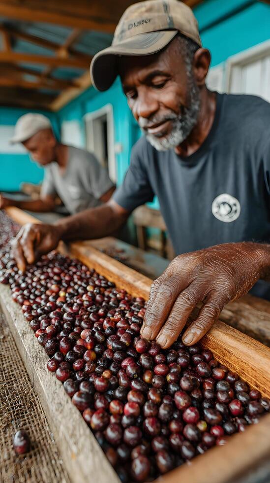 A man is sorting coffee beans in a wooden tray photo