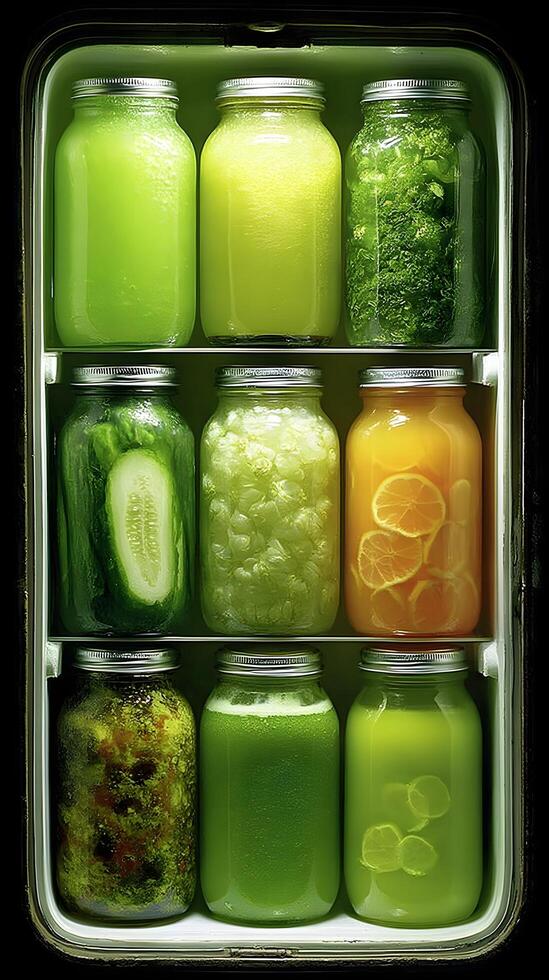 A refrigerator filled with jars of green and yellow foods photo
