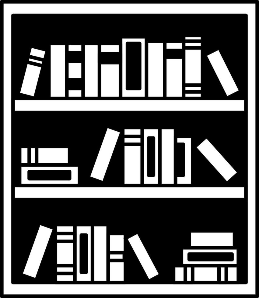 black and white illustration of a bookcase with many books on it vector