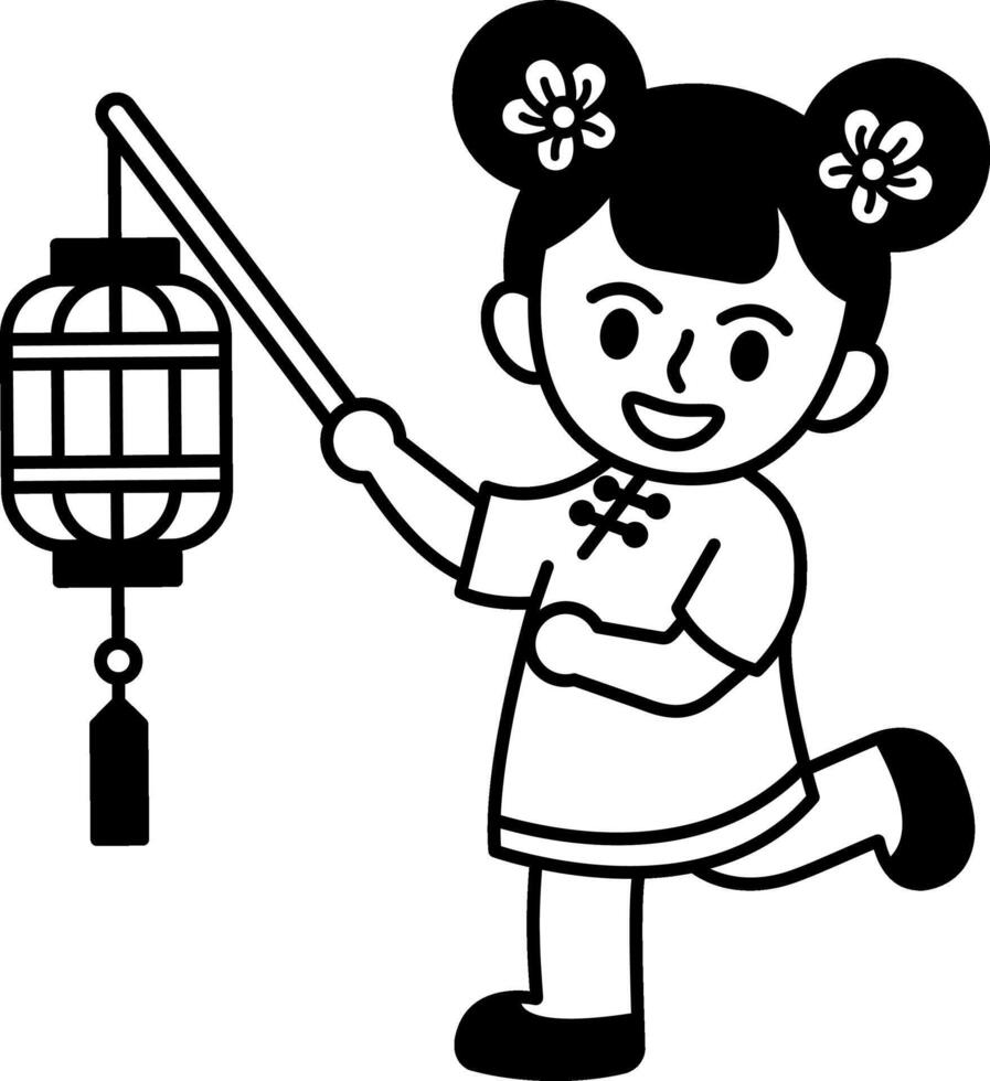 black and white illustration of a chinese girl in a cheongsam holding a lantern vector