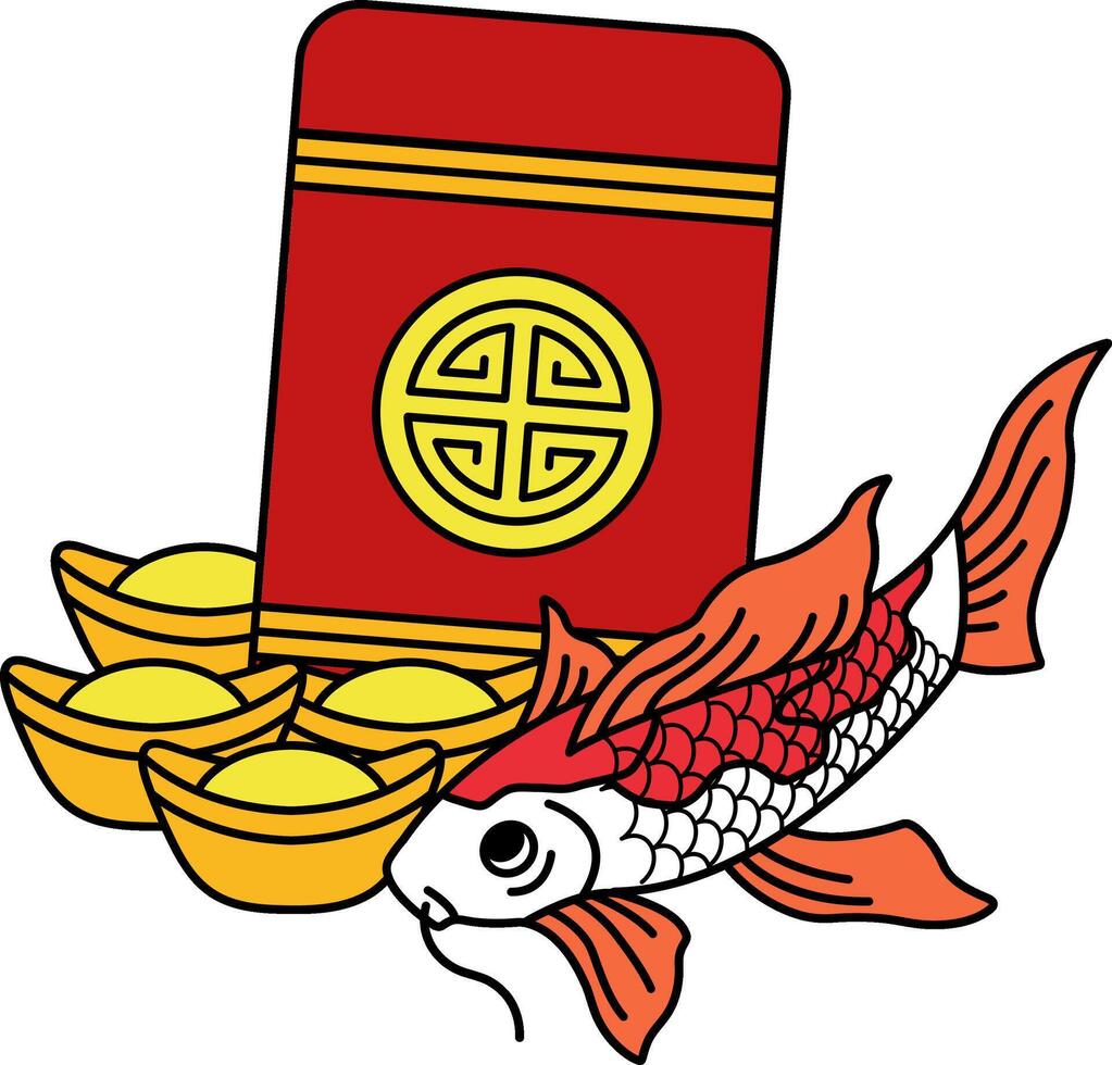 Red envelopes koi fish and ancient Chinese money vector