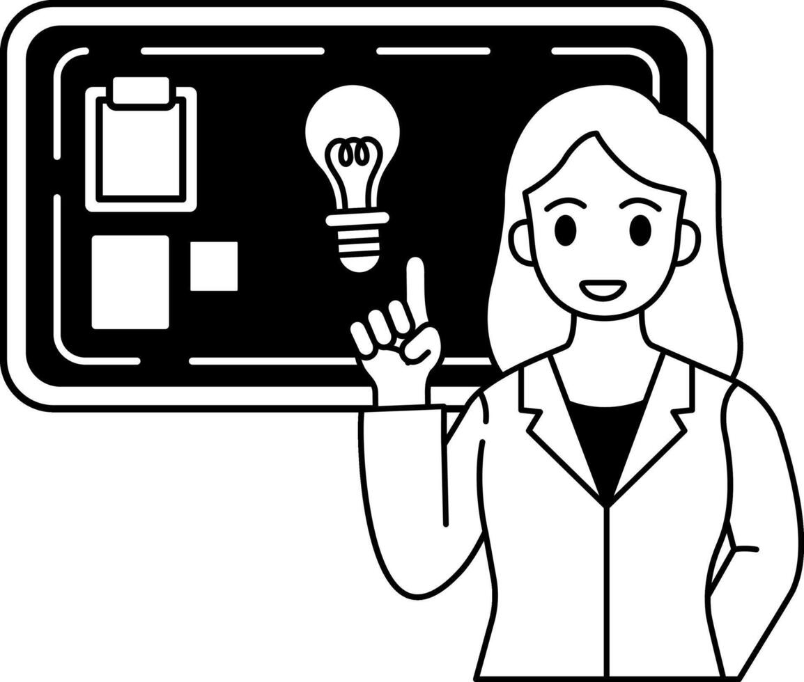 black and white illustration of a female teacher pointing at a black board vector