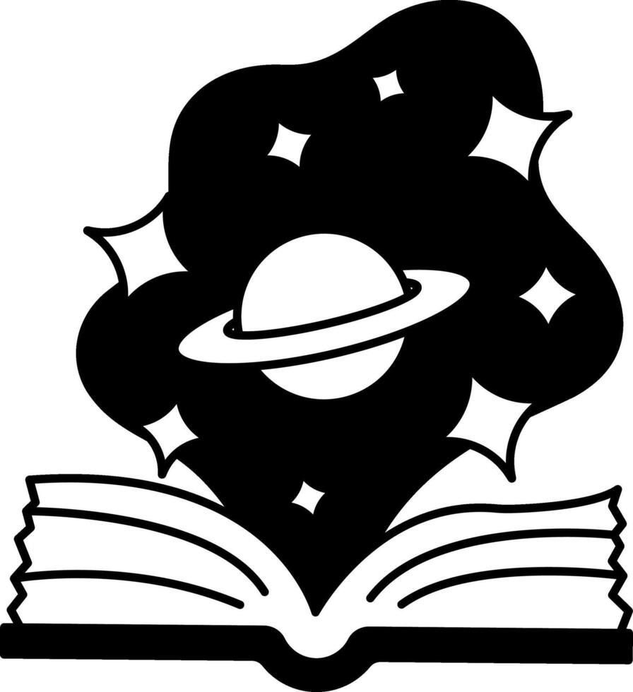 black and white illustration of a book with a planet on the page vector