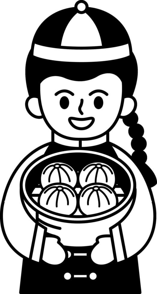 black and white illustration of a boy holding a steamed bun basket vector