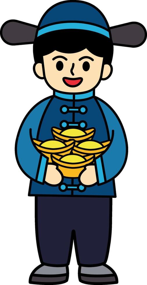 Chinese boy holding ancient chinese money vector