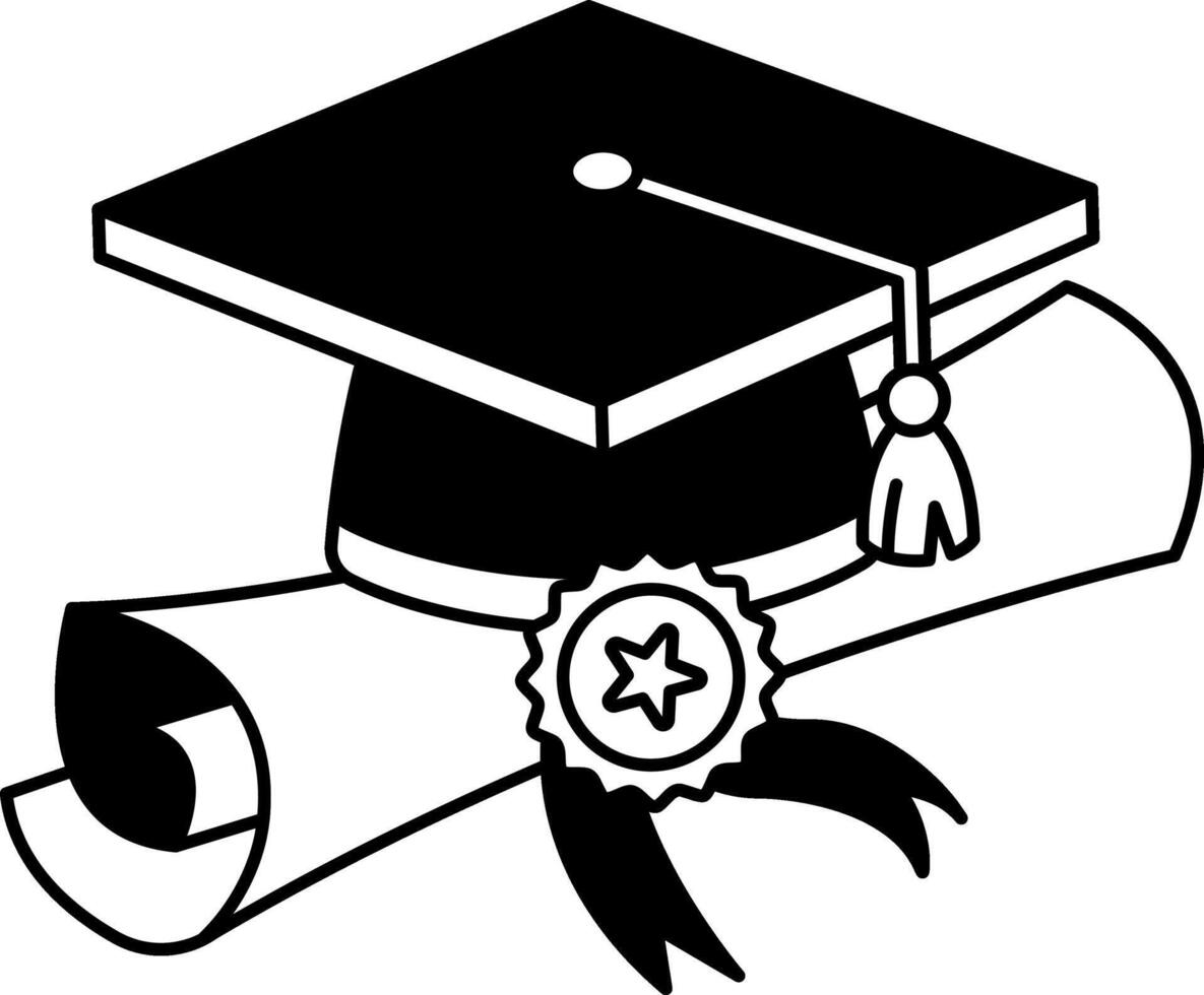 black and white illustration of a graduation cap on top of a diploma vector