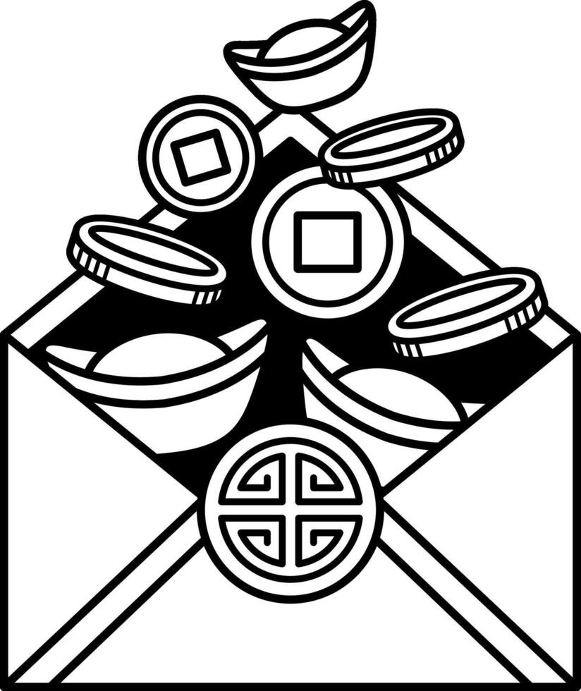 isolate black and white illustration of angpao gold and money vector