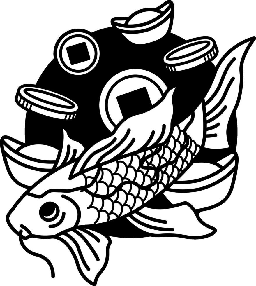 black and white icon of Koi fish and ancient Chinese money vector