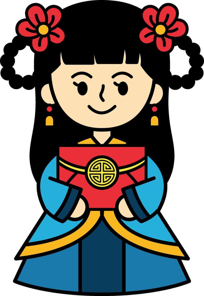 Chinese girl in traditional Chinese dress holding red envelopes vector
