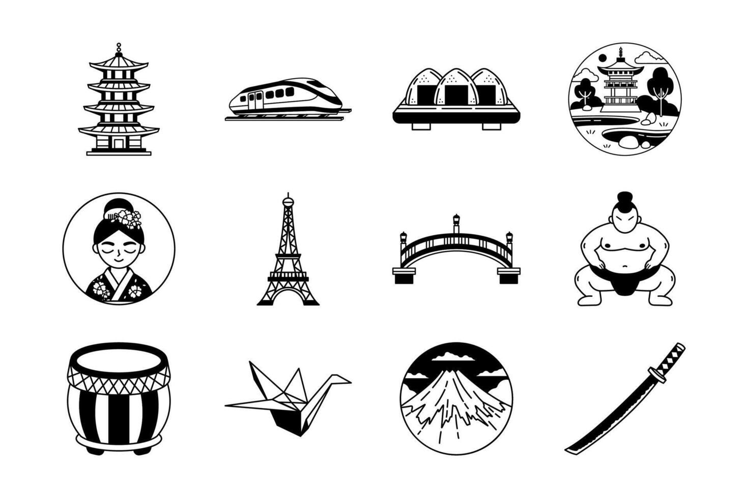 black and white illustration items collection of japan culture vector