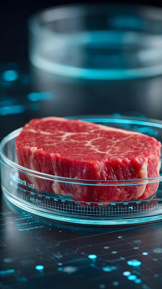 A piece of meat on a glass plate photo