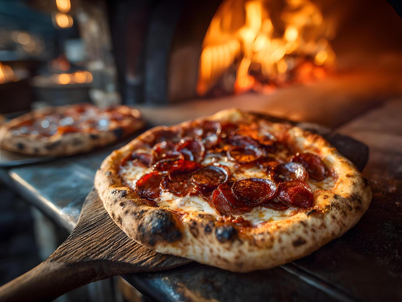 A pizza is being cooked in a wood burning oven photo