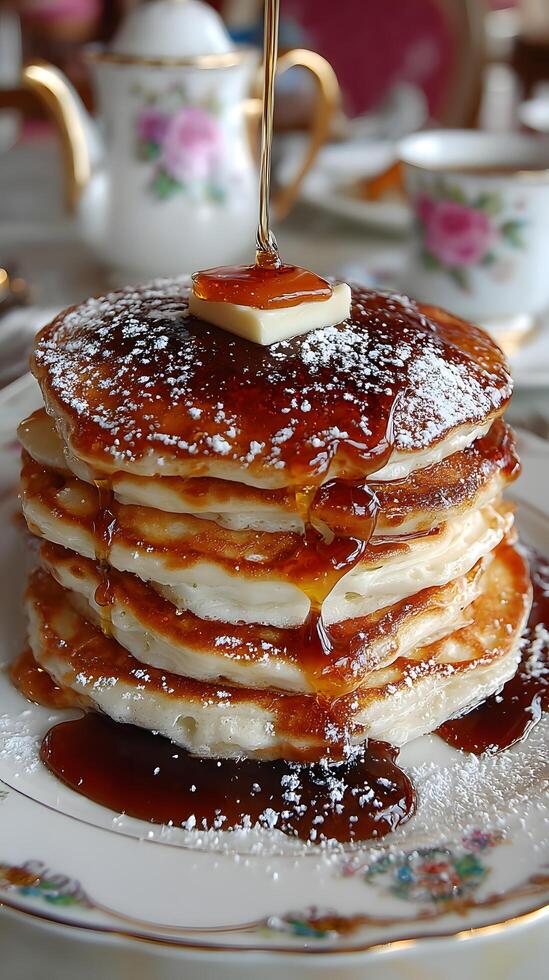 A stack of pancakes with syrup and syrup on top photo