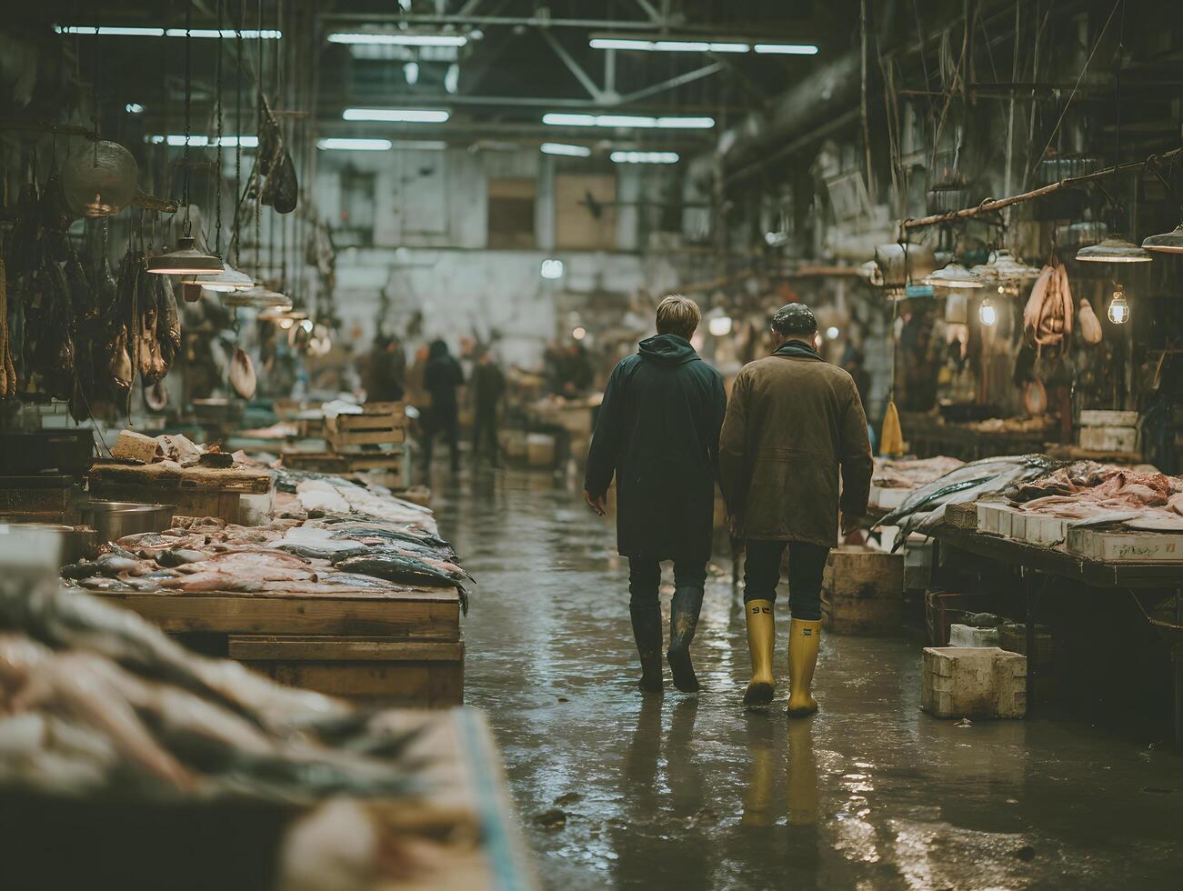 Two people walk through a fish market photo