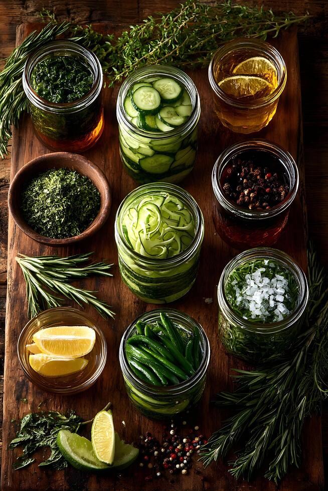 Jars of pickles, herbs and spices on a wooden cutting board photo