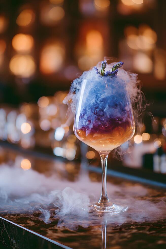 A cocktail with smoke and purple liquid in it photo