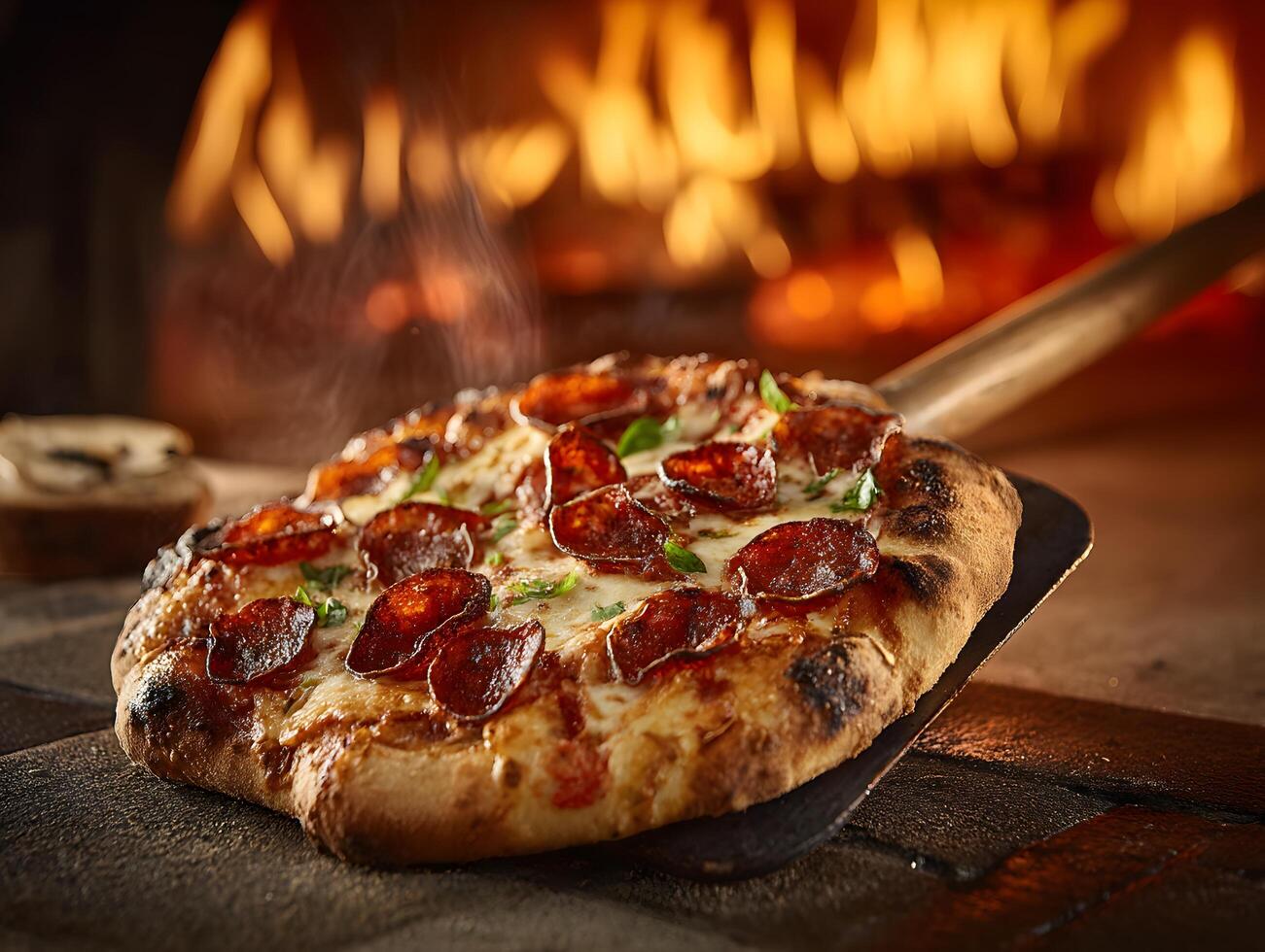 A pepperoni pizza is being cooked in front of a fire photo