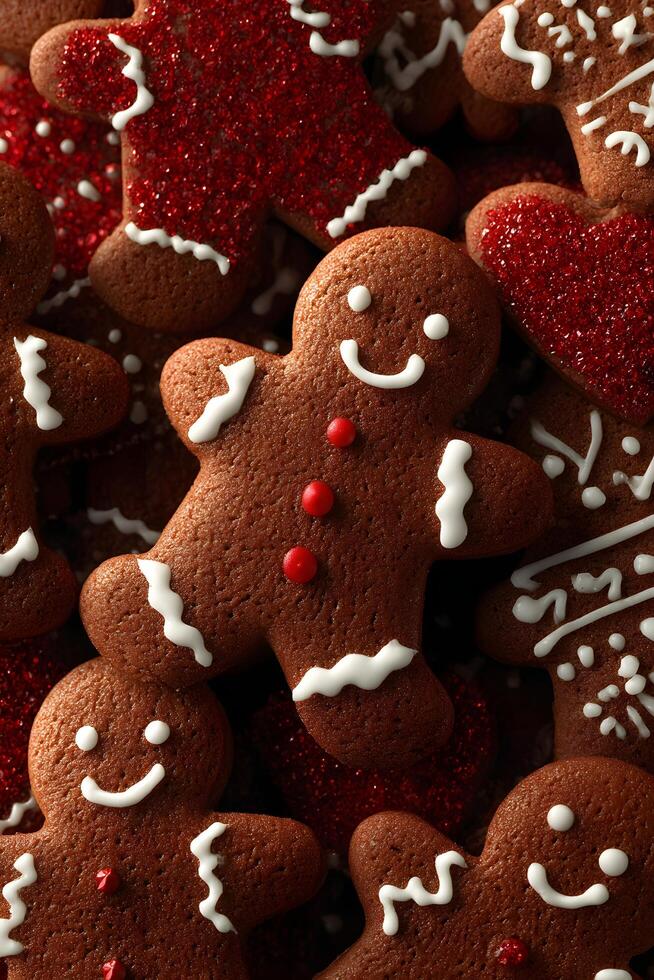 A close up of ginger cookies with red and white icing photo