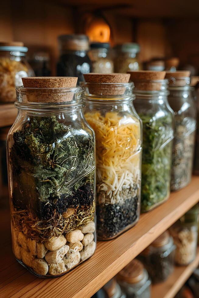 Jars filled with herbs and spices sit on a shelf photo