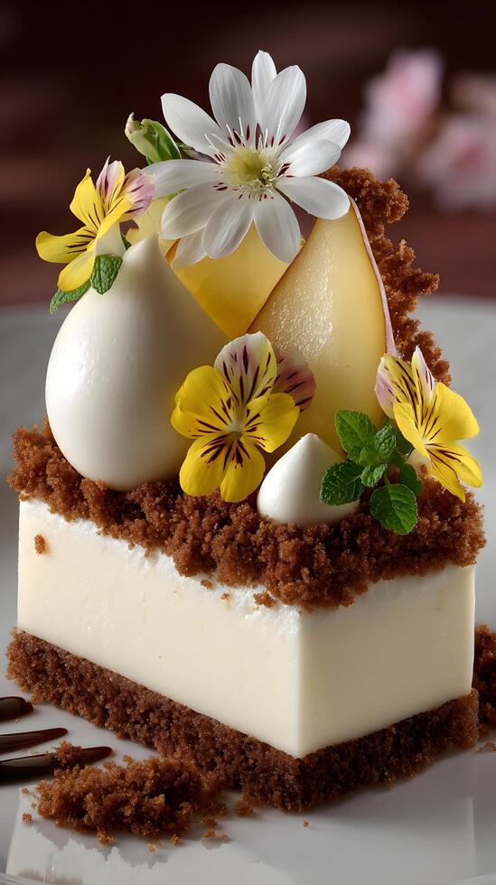 A piece of cake with flowers on it photo