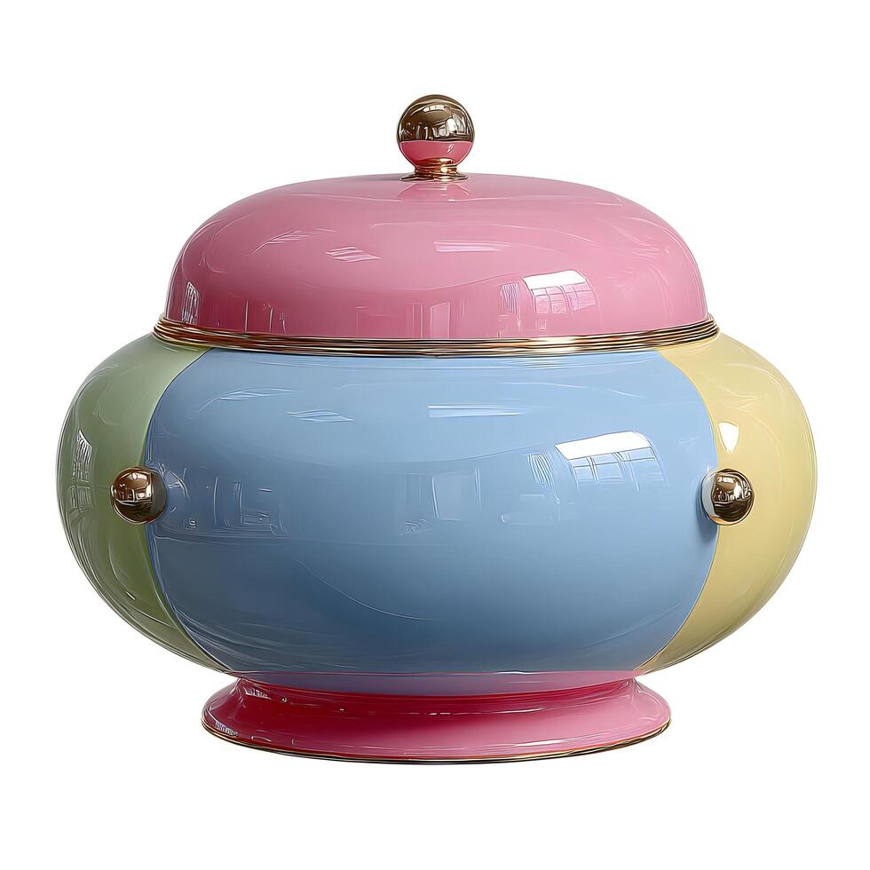 A colorful ceramic pot with a lid photo