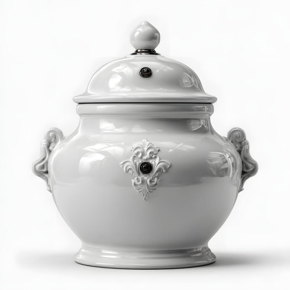 A white ceramic pot with a lid on a white background photo
