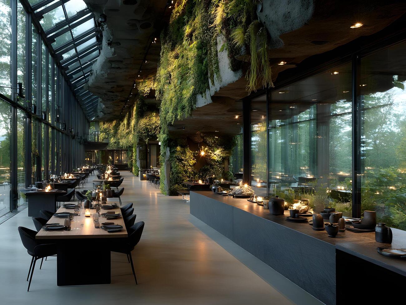 A restaurant with a large glass wall and plants on the ceiling photo