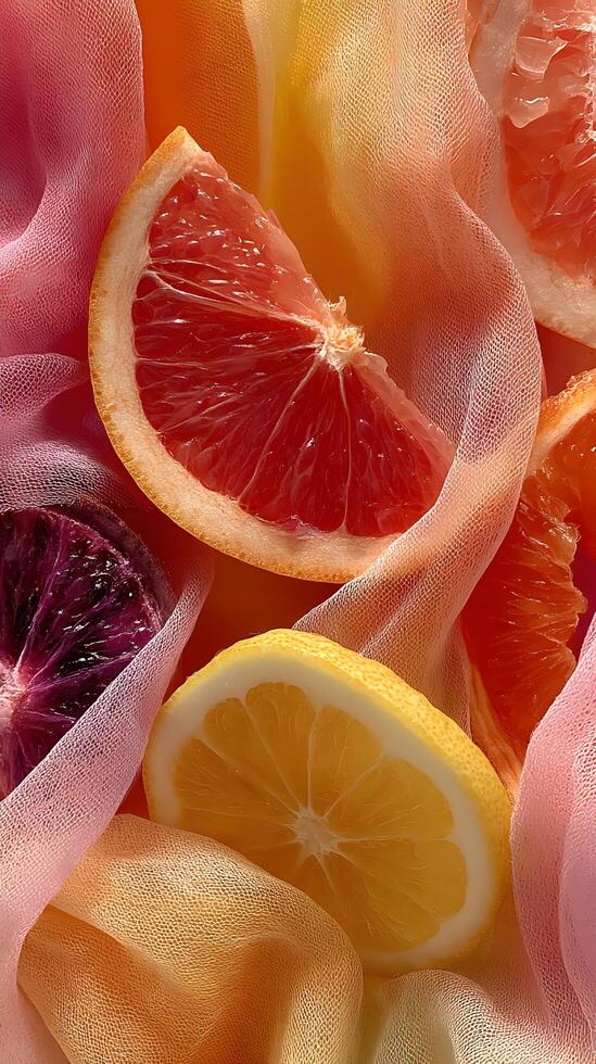 A bunch of oranges and lemons on a cloth photo