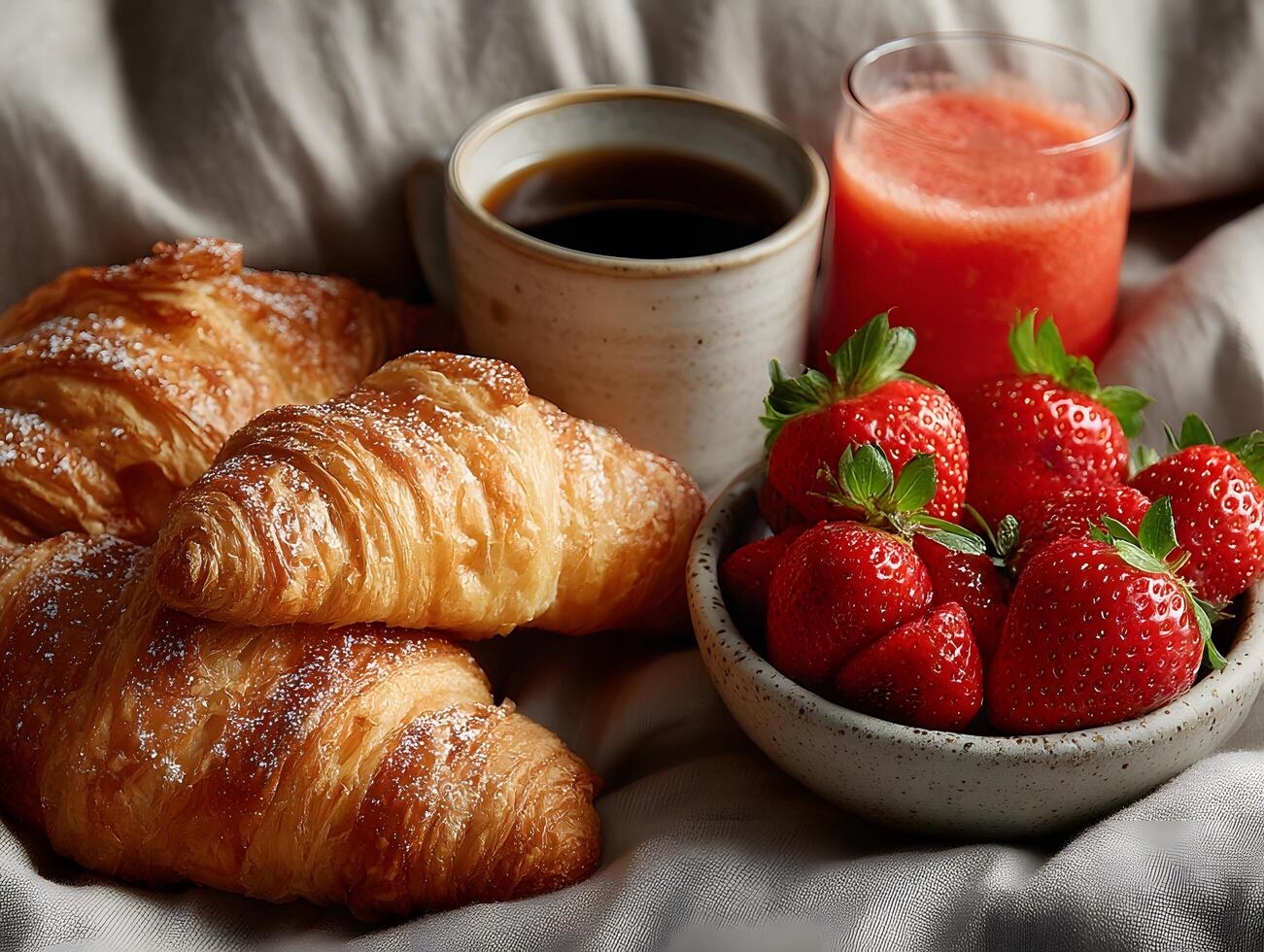 Croissants, strawberries and coffee on a bed photo