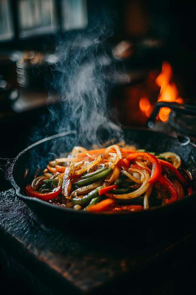 A pan with vegetables and peppers cooking in it photo