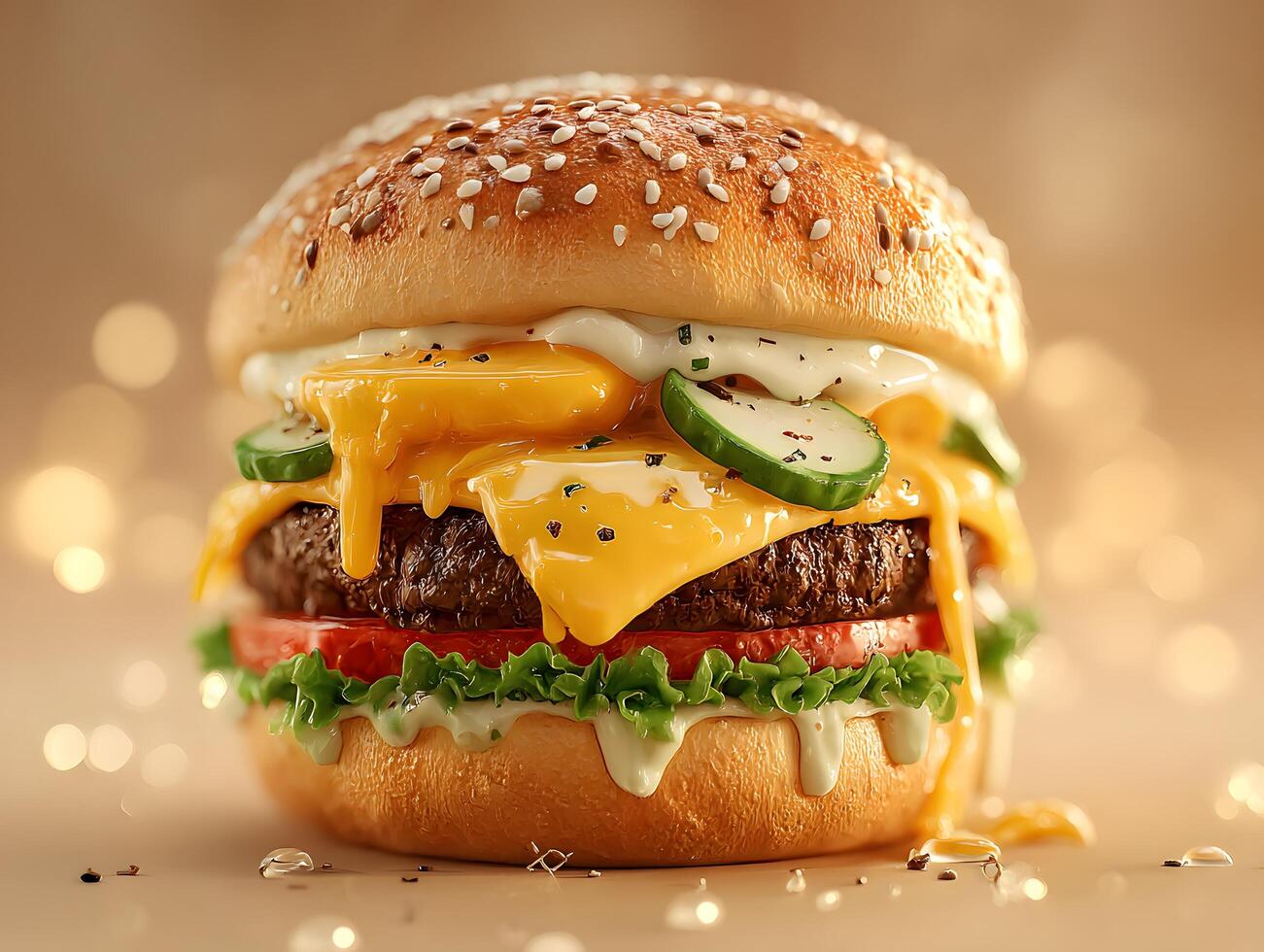 A cheeseburger with cheese and lettuce on top photo